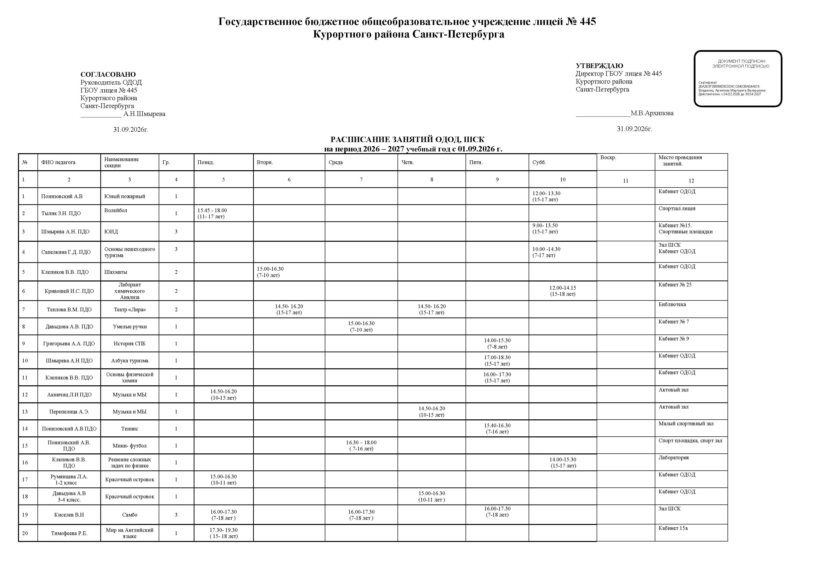 расписание 2026 2027 одод кружки Страница 1